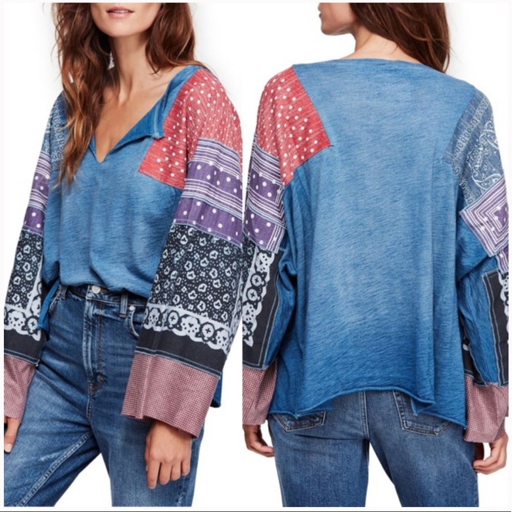 FREE PEOPLE Shibuya Tunic Blue Patchwork Top 🆕 size XS